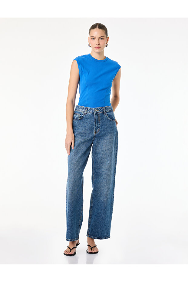 Cotton Crew Neck Slim Fit Sleeveless Waist Accent Cobalt Blue T-Shirt