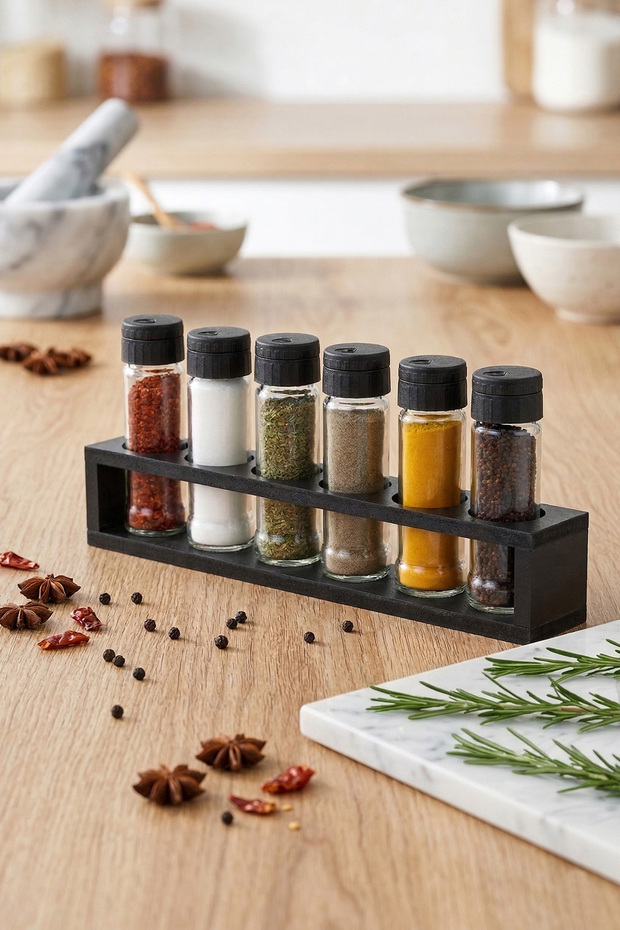 6-Piece Glass Spice Rack Set with Black Wooden Stand