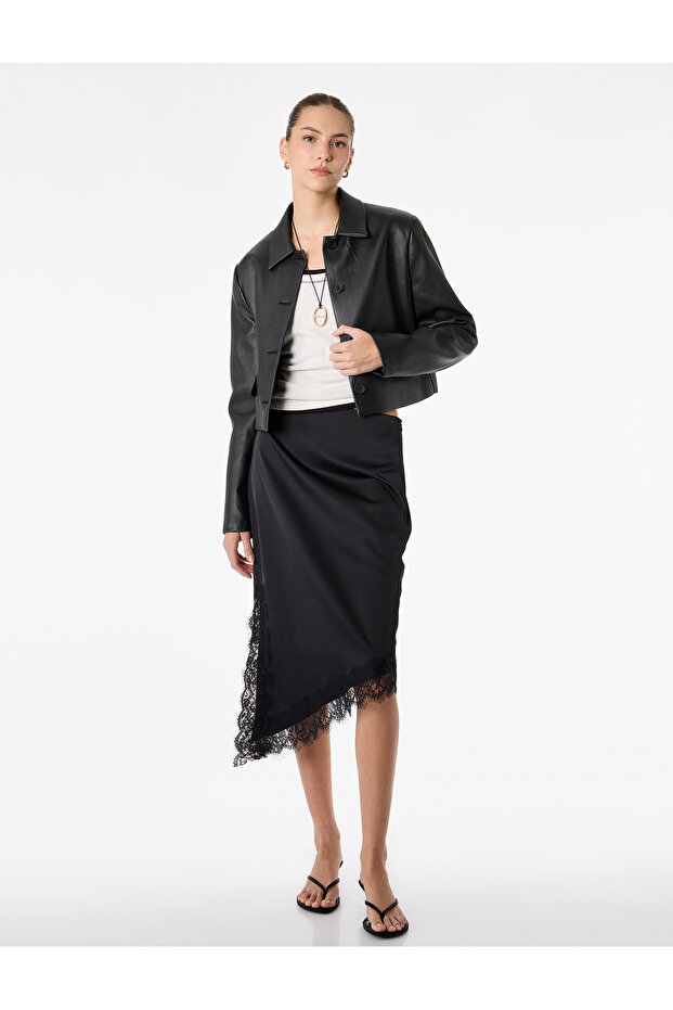 Asymmetrical Cut Regular Waist Lace Detailed Satin Skirt