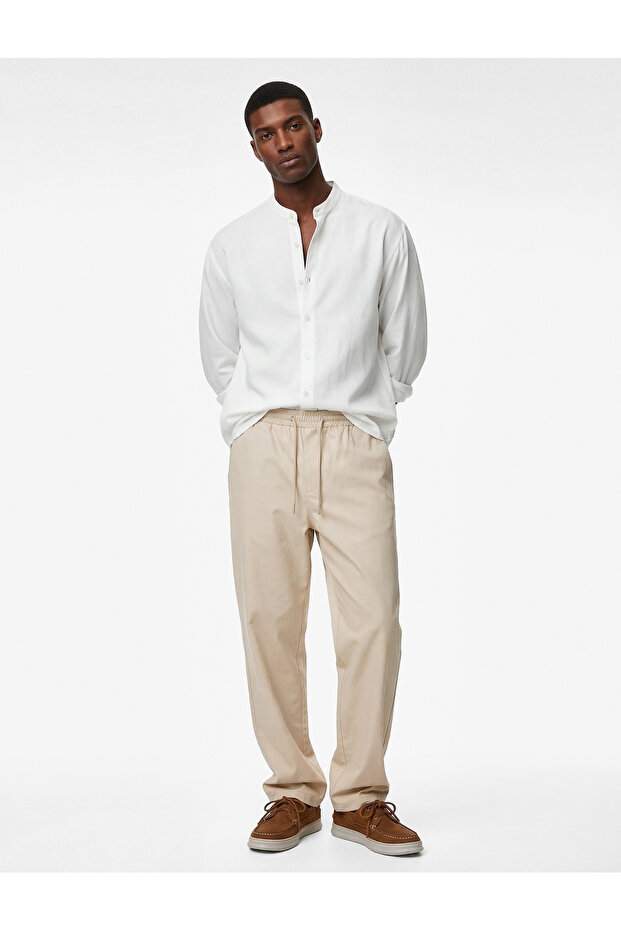 Regular Fit Pocketed Cotton Pleated Trousers with Tie Waist