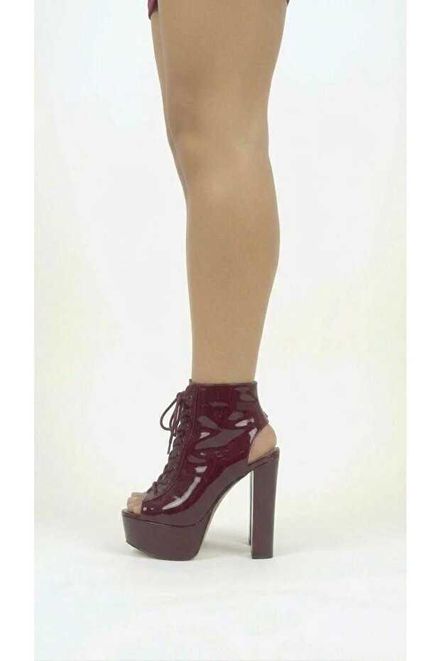 Elara Burgundy Patent Leather Platform Open Back Design Women's Shoes