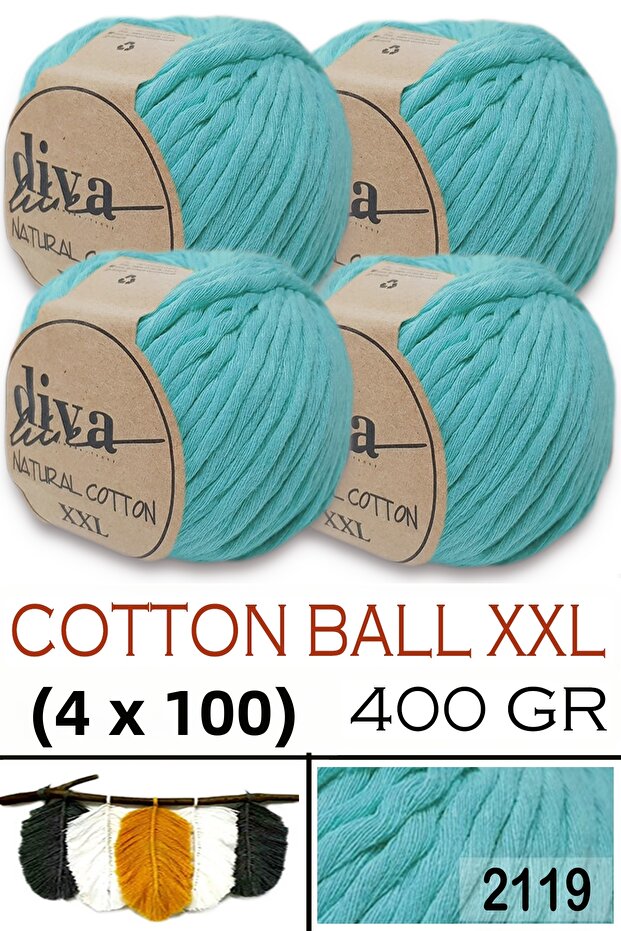 Natural Cotton XXL - 4 mm Taranabilir Macramé Thread - 2119 Mint (Pack of 4)