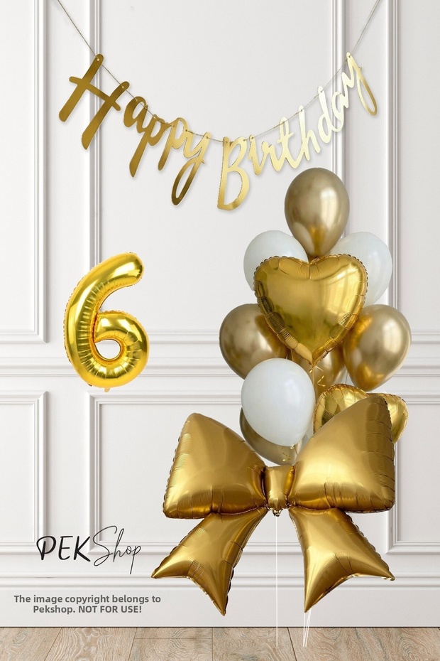 Gold White Theme with Gold Bow Balloons and Gold Banner Birthday Decoration Balloon Set Set241