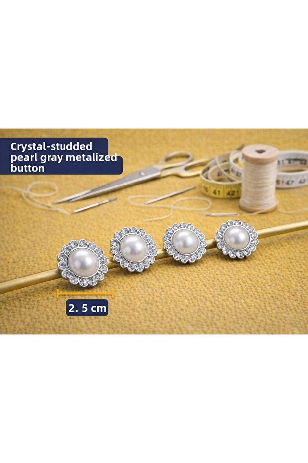 Gray Metallized Button with Crystal Stone and Pearl 2.5 cm 1 Pack 6 Pieces