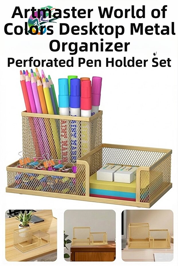 Gold Yellow Desktop Metal Pen Holder Set 3-Piece Combo 1 Pack Mesh Perforated Colorful Pen Holder Paper Holder K