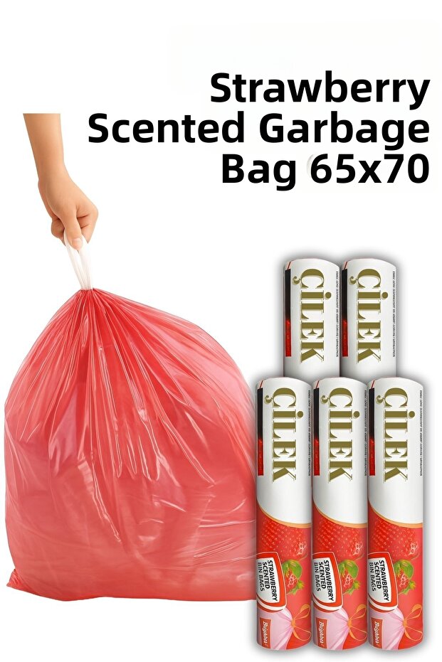 5 Packs Large Size 65X70 Strawberry Scented Drawstring Garbage Bag (50 Pieces) Garbage Bag 60 Liters