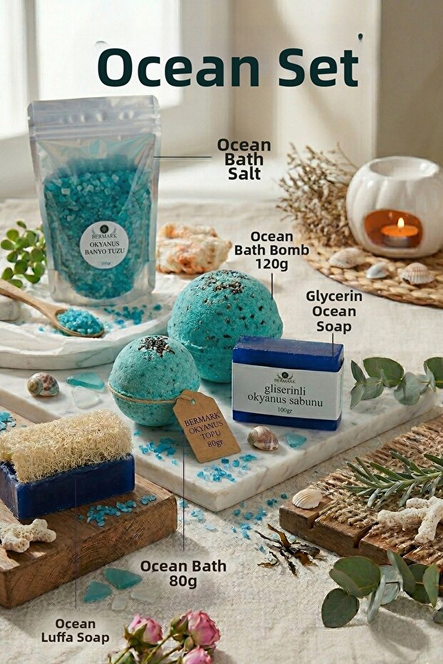 5-Piece Ocean Spa Care Set - Gift Package: Pumpkin Fiber & Glycerin Soap, Bath Ball & Salt