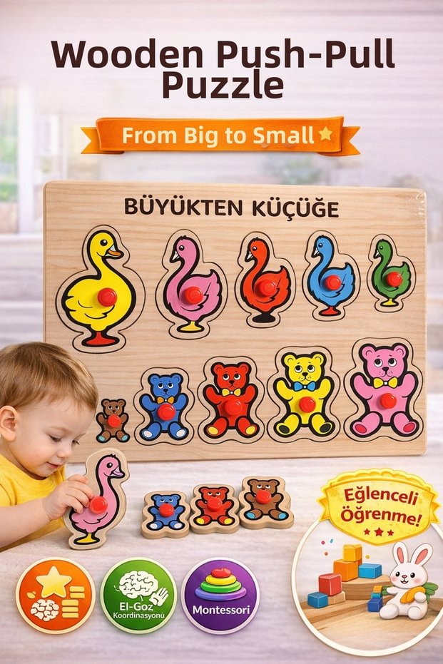 Wooden Puzzle: Find and Fit (From Largest to Smallest) | Montessori Educational Toy with Handles for Development