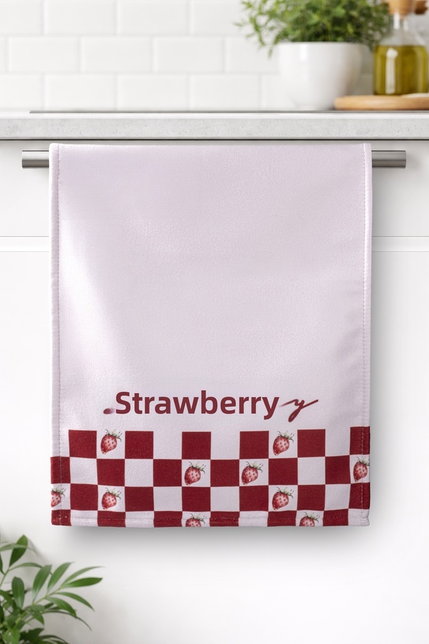 STRAWBERRY-3 منشفة مطبخ مزخرفة بنقشة منقوشة باللونين الأحمر والوردي وقطعة قماش للتجفيف 35x55