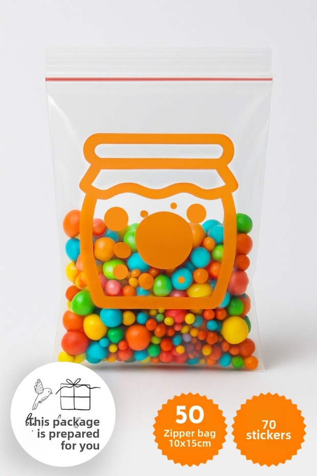 50Pcs Gift Candy Bag with Tape Opp and 70Pcs Stickers, Orange Jar (Candy and Dragee Bag)