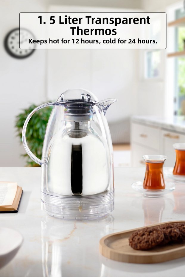 1.5 Lt Thermal Insulated Tea and Cold Water Thermos Transparent (Keeps Hot for 12 Hours & Has Glass Inside)