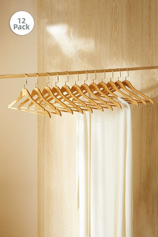 12-Pack Gold Hook Wooden Look Plastic Clothes Hangers, Clothes Hanger 25X44.5X1