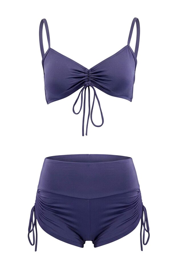 Mavi Bralette Kaplı Tünelli Şortlu Yüksek Bel Bikini Takımı TBESS25BT00088 - 4
