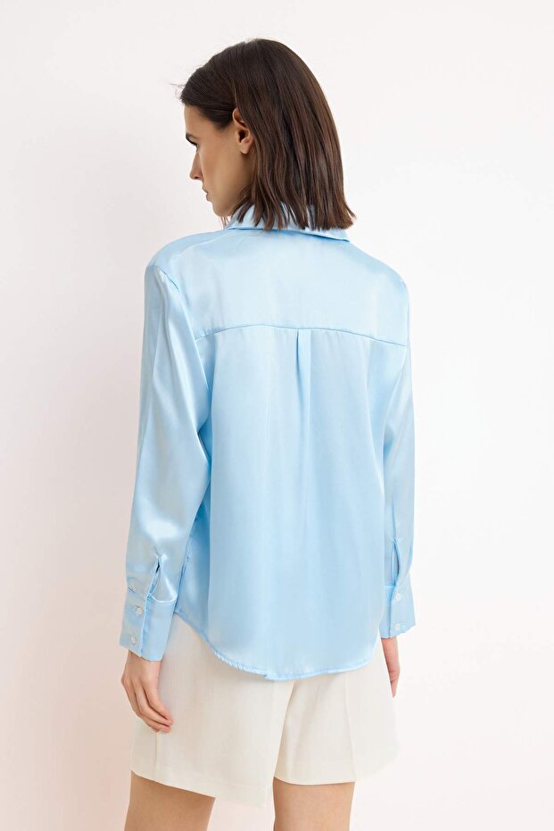 Mavi Oversize/Geniş Kalıp Saten Dokuma Gömlek TWOAW24GO00211 - 4