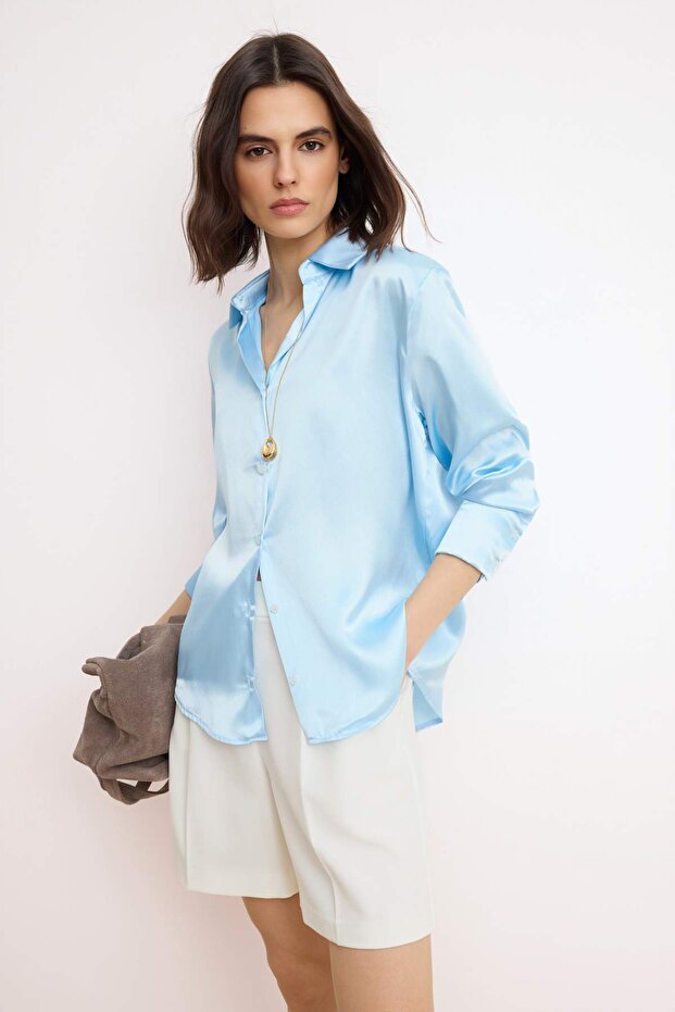 Mavi Oversize/Geniş Kalıp Saten Dokuma Gömlek TWOAW24GO00211 - 1