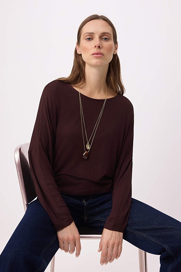 Brown Relaxed Boat Neck Low Shoulder Long Sleeve Stretchy Knitted Blouse Twoss26Bz00703