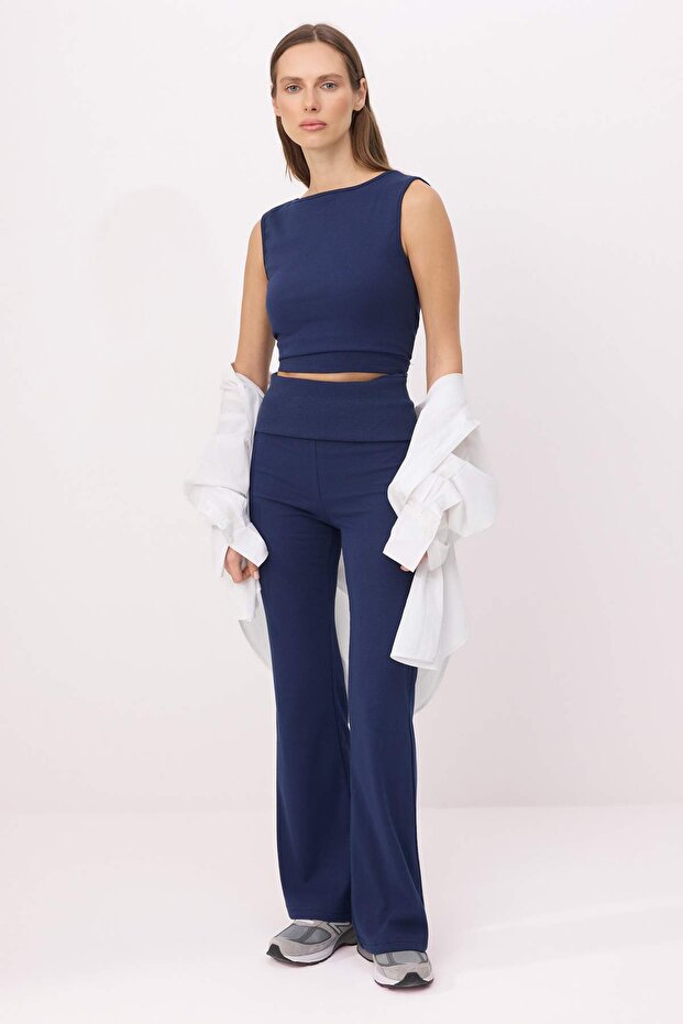 Wardrobe Essentials-Lacivert Fitted/Vücuda Oturan Kolsuz Örme Alt-Üst Takım TWOSS26AU00122 - 1