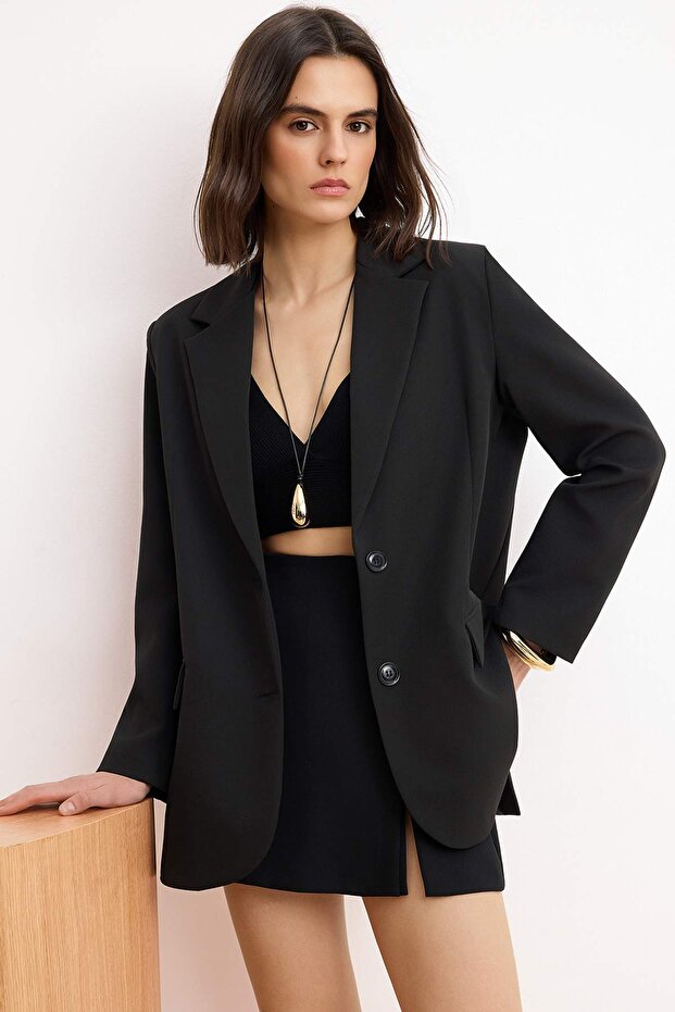 Černá tkaná oversize bunda TWOAW24BC00107 - 1