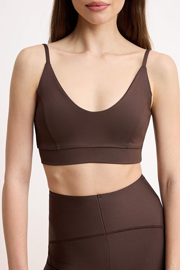 Koyu Kahverengi Destekli/Şekillendirici İp Askılı Örme Spor Sütyeni TWOSS22SS0045 - 3