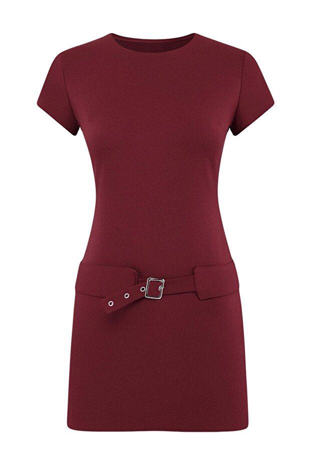 Bordo Kemerli Kısa / Mini Dokuma Elbise TWOSS26EL00057 - 5