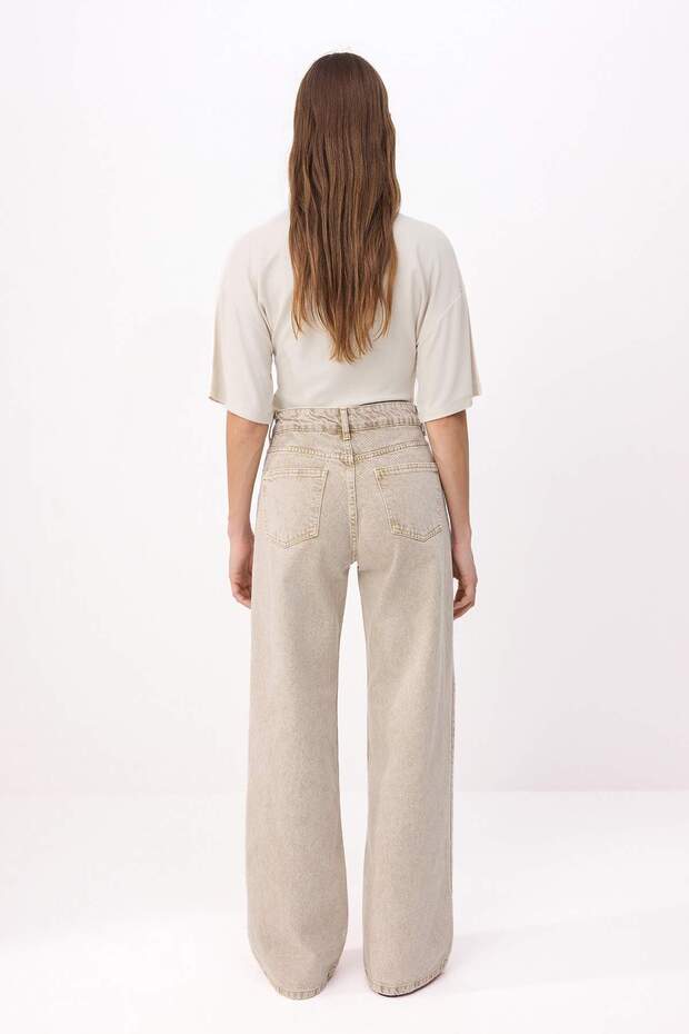 Bej Yüksek Bel %100 Pamuk Wide Leg Geniş Paça Jeans TWOSS26JE00181 - 4