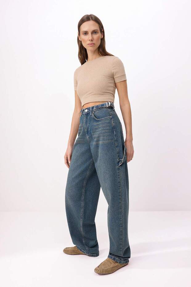 More Sustainable Koyu Mavi Yıkama Efektli Bol Kesim Yüksek Bel Loose Baggy Jeans TWOAW24JE00308 - 3