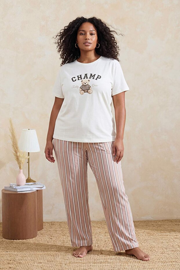 Kahverengi Ayıcık Nakışlı Çizgili Örme Büyük Beden Pijama Takımı TBBSS26AI00003 - 3