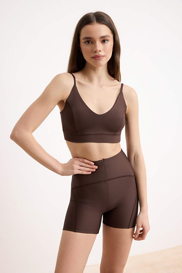 Koyu Kahverengi Destekli/Şekillendirici İp Askılı Örme Spor Sütyeni TWOSS22SS0045 - 2