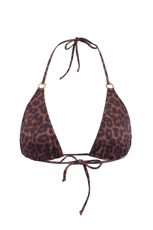Kahverengi Leopar Desenli Üçgen Kaplı Aksesuarlı Bikini Üstü TBESS24BU00157 - 4