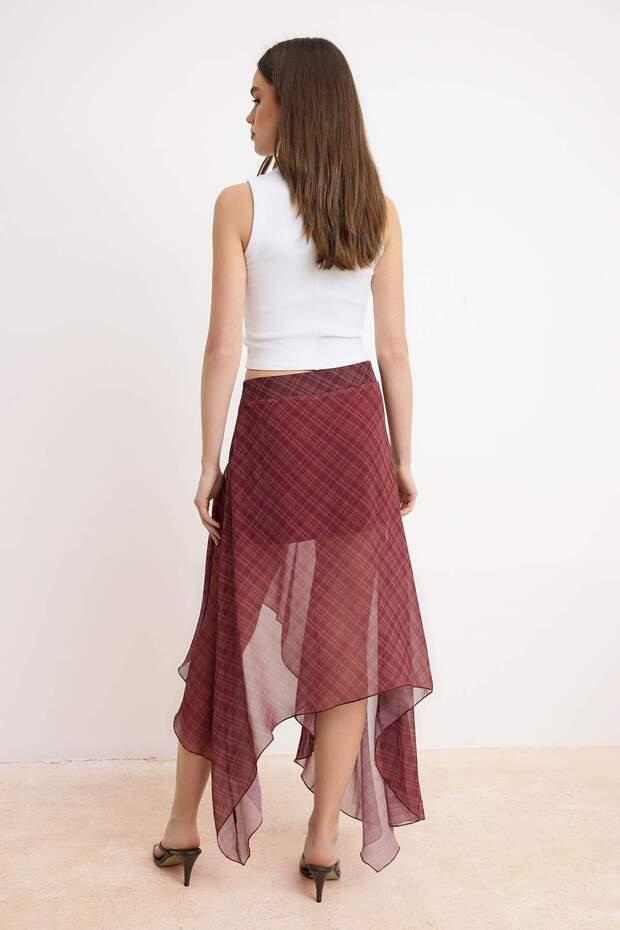 Bordo Şifon Ekoseli Asimetrik Mini Etek TWOSS26ET00161 - 4