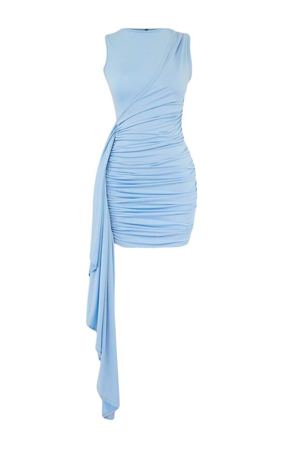Açık Mavi Düz Örme Sandy Kısa / Mini Astarsız Elbise - 5
