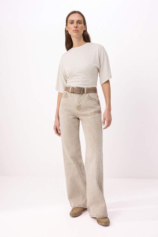 Bej Yüksek Bel %100 Pamuk Wide Leg Geniş Paça Jeans TWOSS26JE00181 - 1