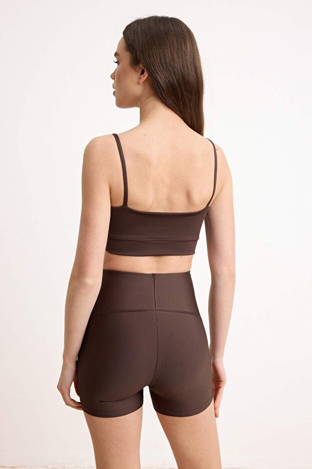 Koyu Kahverengi Destekli/Şekillendirici İp Askılı Örme Spor Sütyeni TWOSS22SS0045 - 4