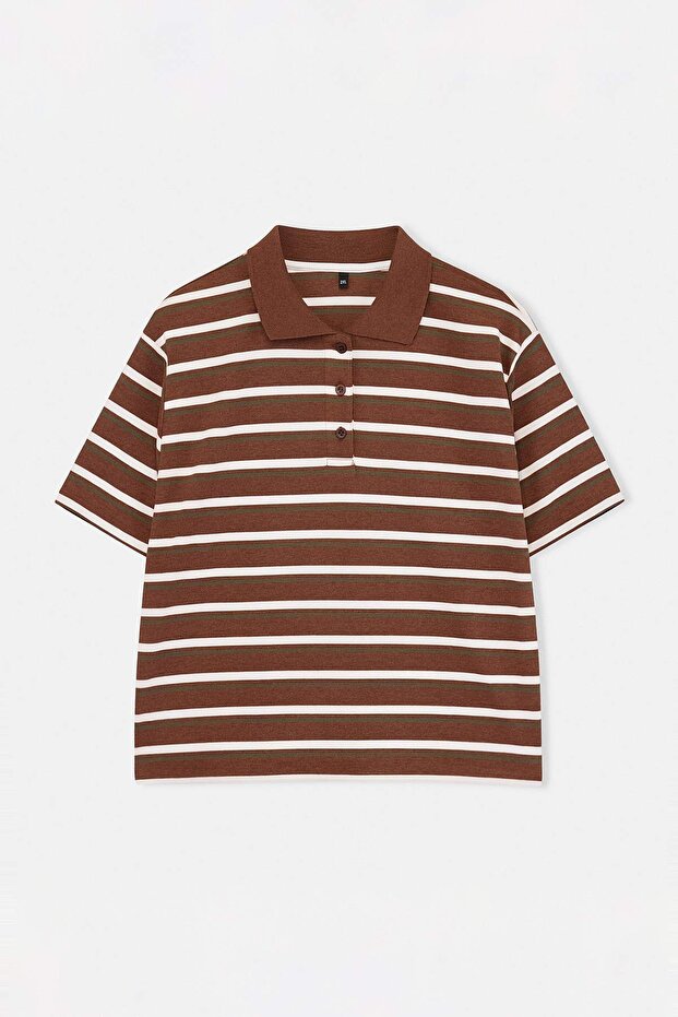 Kahverengi Polo Yaka Çizgili Crop Örme Büyük Beden Bluz TBBSS26AF00120 - 4