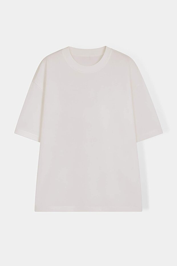 Ekru Büyük Beden Oversize/Geniş Kesim Geyik Baskılı %100 Pamuk T-Shirt TMNSS25BF00026 - 1