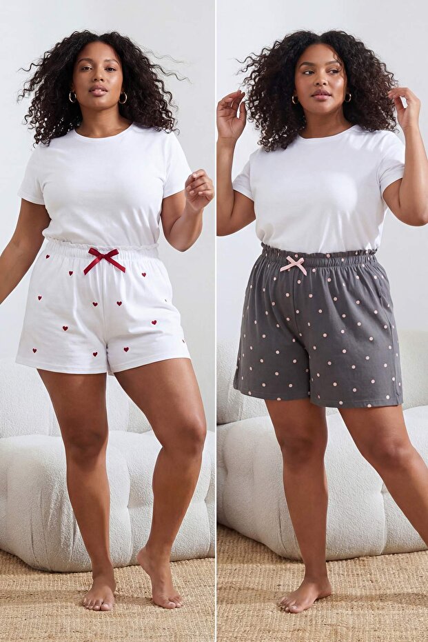 Çok Renkli Kalpli/Puantiyeli 2'li Paket Örme Büyük Beden Pijama Altı TBBSS26IA00014