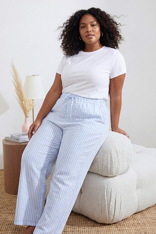 Mavi Çizgili Şort-Pantolon Paket Dokuma Büyük Beden Pijama Altı TBBSS26IA00009 - 6