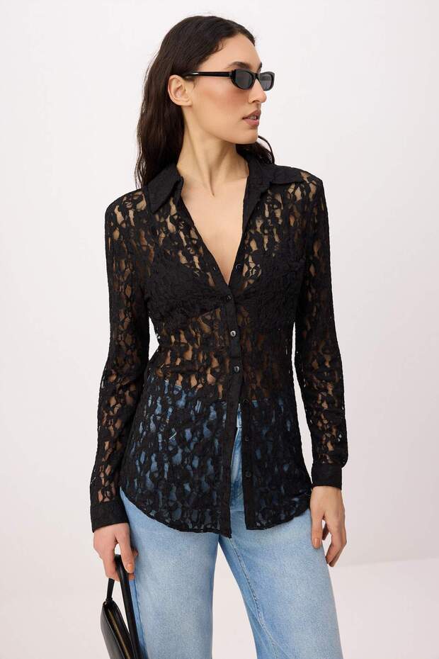 Siyah Düz Fitted/Vücuda Oturan Gömlek Yaka Uzun Kol Dantel Örme Gömlek TWOSS26GO00173 - 1