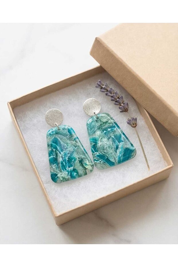 Natural Stone Green Look Gold Polymer Clay & Epoxy Design Earrings (Stainless Steel Nails)