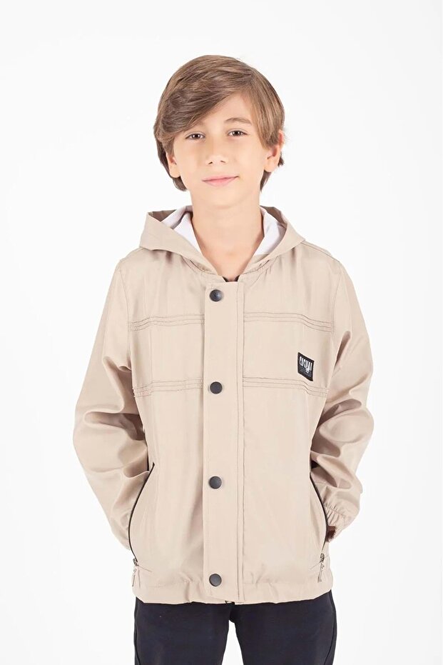 Boy's Hooded Pocketed Raincoat Beige
