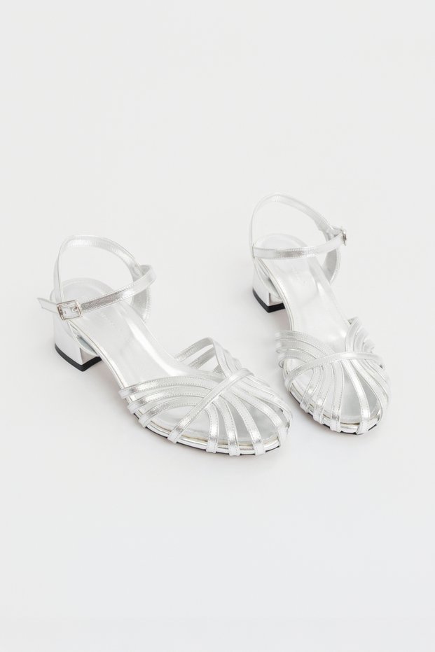 Silver Short Chunky Heeled Sandals – Ankle Strap, Stylish and Comfortable Summer Women's Footwear
