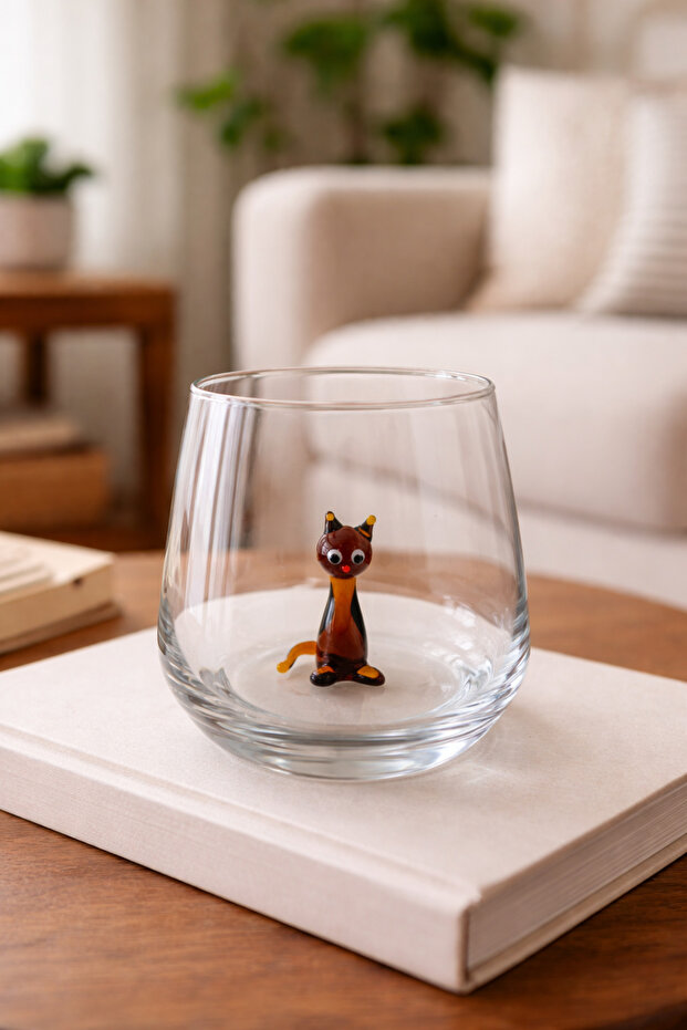 Decorative Water Glass with Sitting Cat Glass Figure - Dark Amber