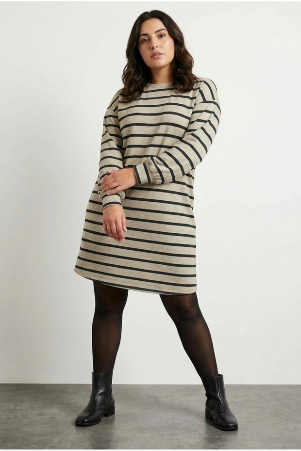 Plus Size Crew Neck Long Sleeve Striped Short Lycra Viscose Dress 302882