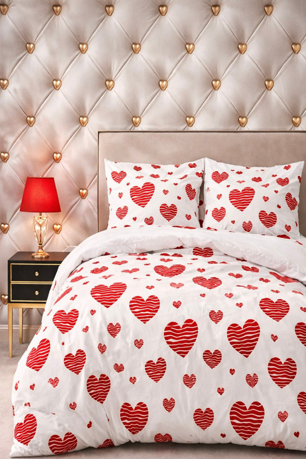 Double Duvet Cover + Pillowcase (Without Sheets) Heart Pattern White Red