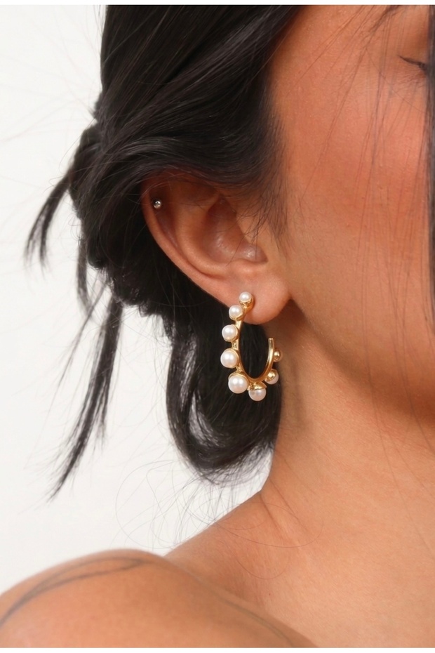 Gold Design Pearl Row Hoop Earrings