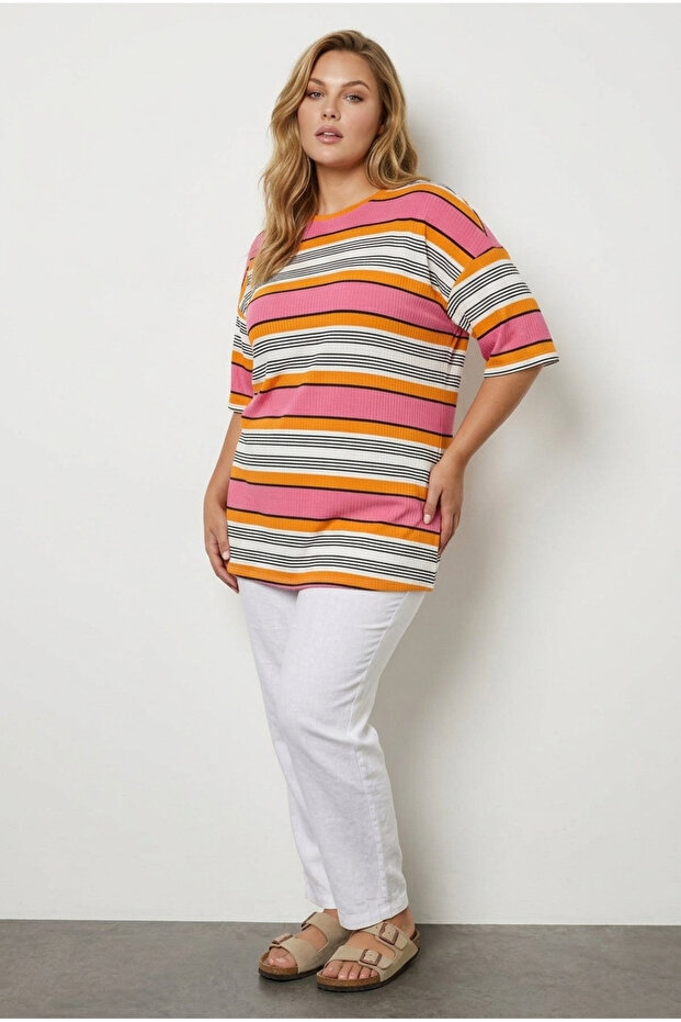 Plus Size Striped Lycra T-Shirt with Slit Detail 303505