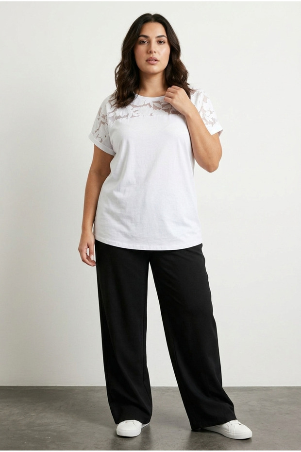Plus Size Crew Neck Detailed Short Sleeve Tulle T-Shirt 321926