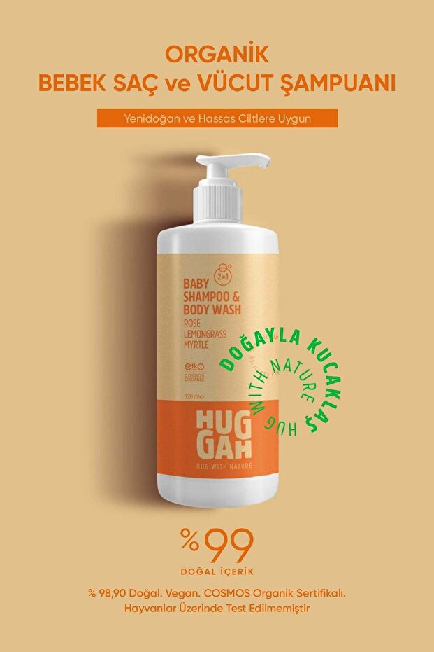 Huggah Organik Bebek Saç ve Vücut Şampuanı(2in1) 320ml–Hassas Cilt-Göz Yakmayan-Konak Karşıtı-Kolay Tarama