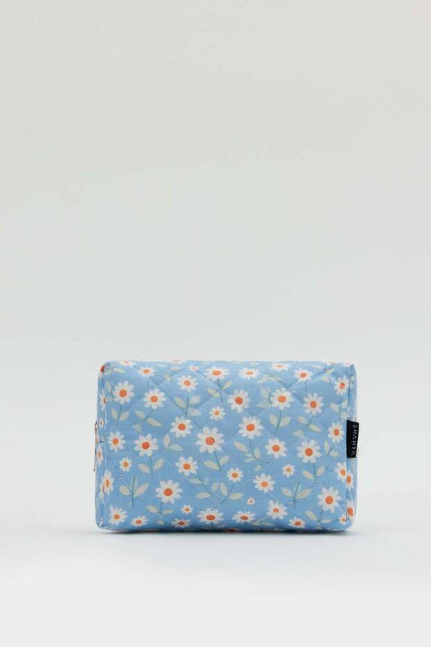Blue Daisy Patterned D34 Zippered Cosmetic Organizer Women's Travel Type Makeup Bag