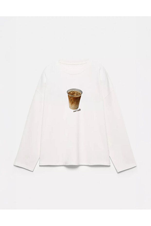 100% Cotton Oversize Fit Iced Latte Printed - Crew Neck Long Sleeve T-Shirt